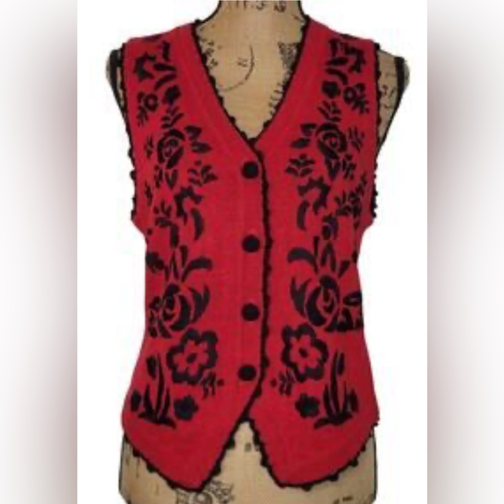 Vintage - NWOT Cove Creek Women's Black and Red Ramie/Cotton vest - Size Small